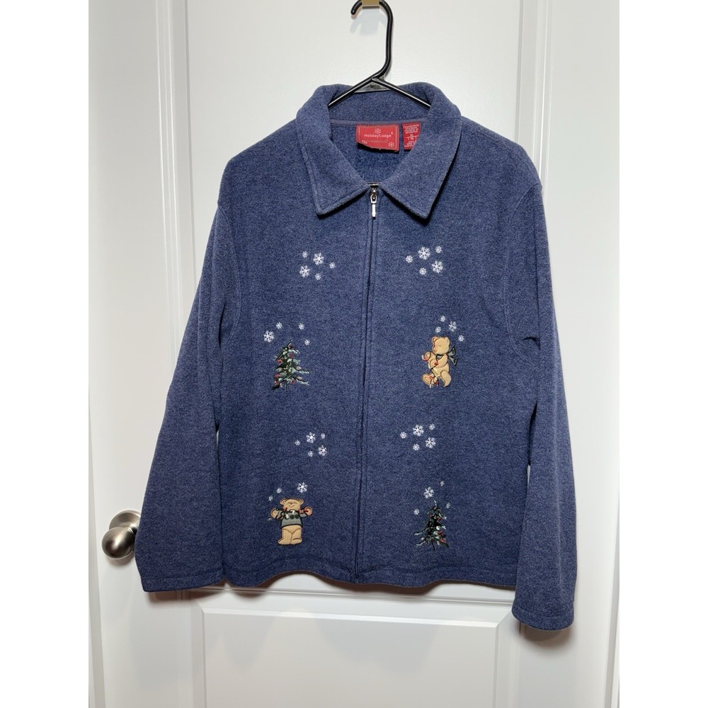 Ugly Christmas Fleece XL 18 Blue Bears‎ Women Zip Jacket Collared Party Holiday